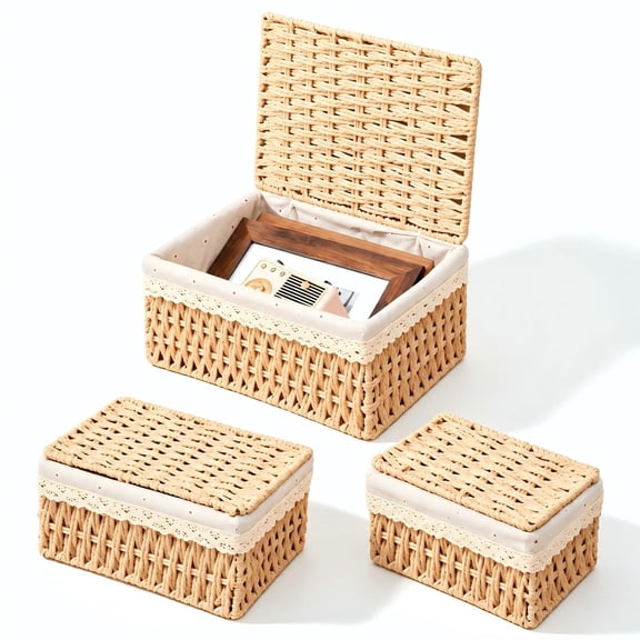 Wicker Storage Basket Set of 3 with Lids and Liners, Wicker Baskets for Storage on Shelves, Natural Woven Organizer Bins for Home Office