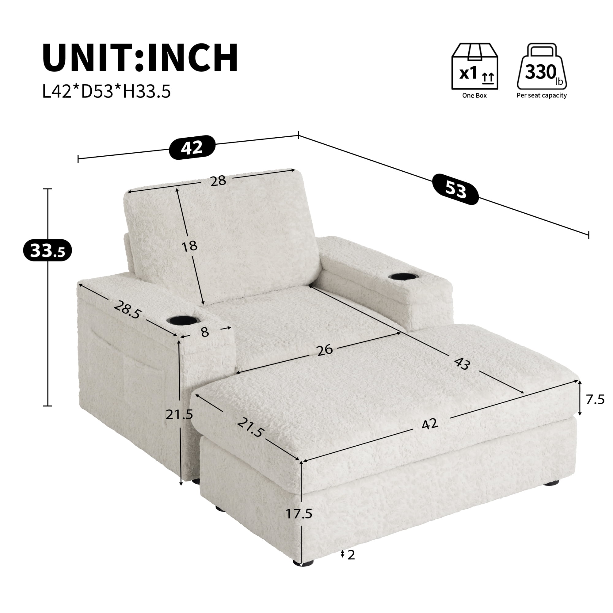 42" Oversized Chaise Lounge Chair Indoor,Upholstered Accent Chair Armchair with Storage Ottoman and Cup Holders, Reading Couch with Deep Seat for Living Room,Bedroom,Beige