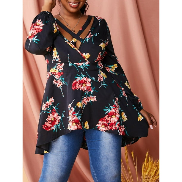 TAPA DE PLUNZA DE PLUNZA DE IMPRESION FLORAL PLUS TAMANO Rosegal Blusas Tallas Grandes Walmart en linea