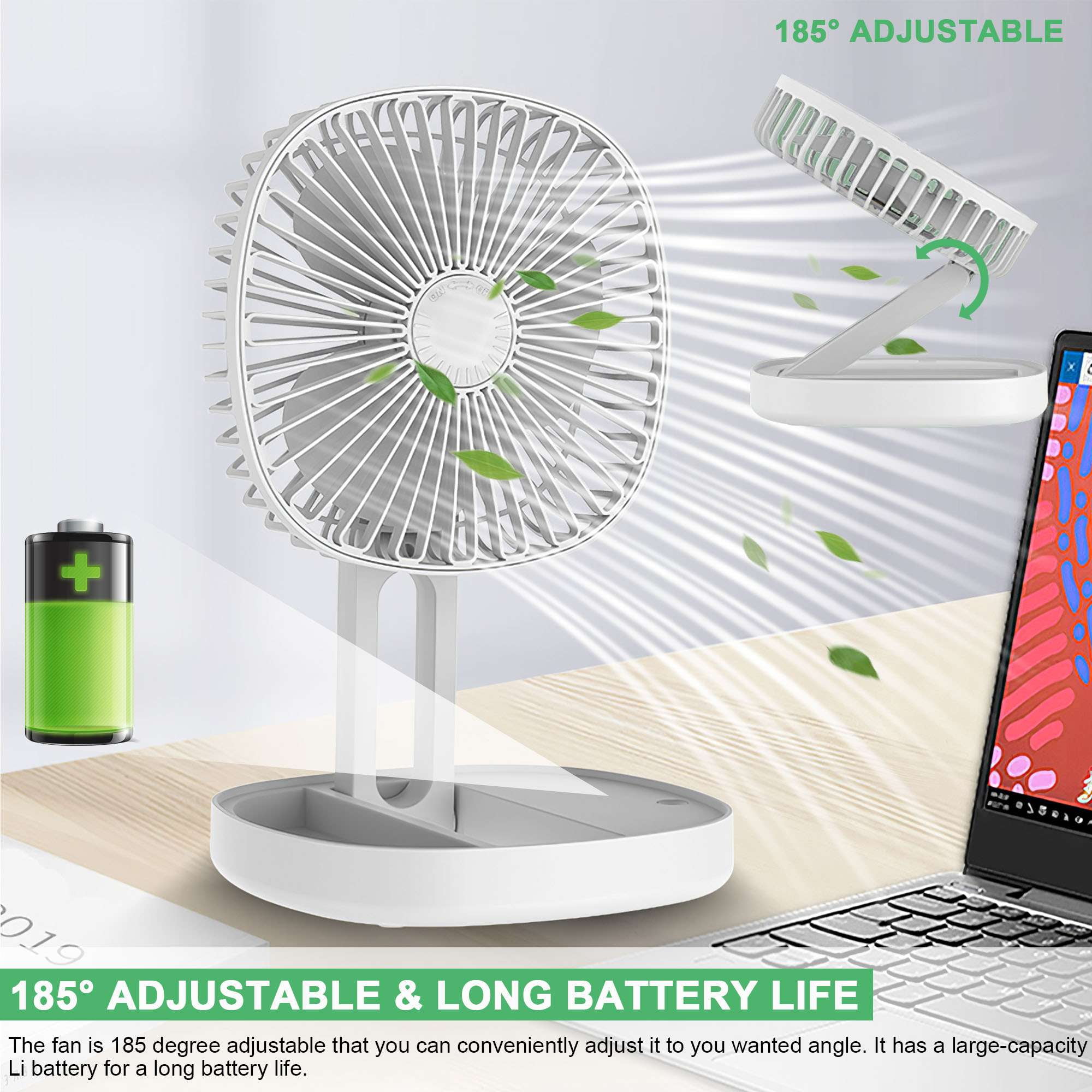 Deago 6.5 Inch Portable Travel Fan Folding Desk Fan Battery Operated & Rechargeable 3 Speeds Small Table Fan 185°Rotation Quiet for Bedroom Office