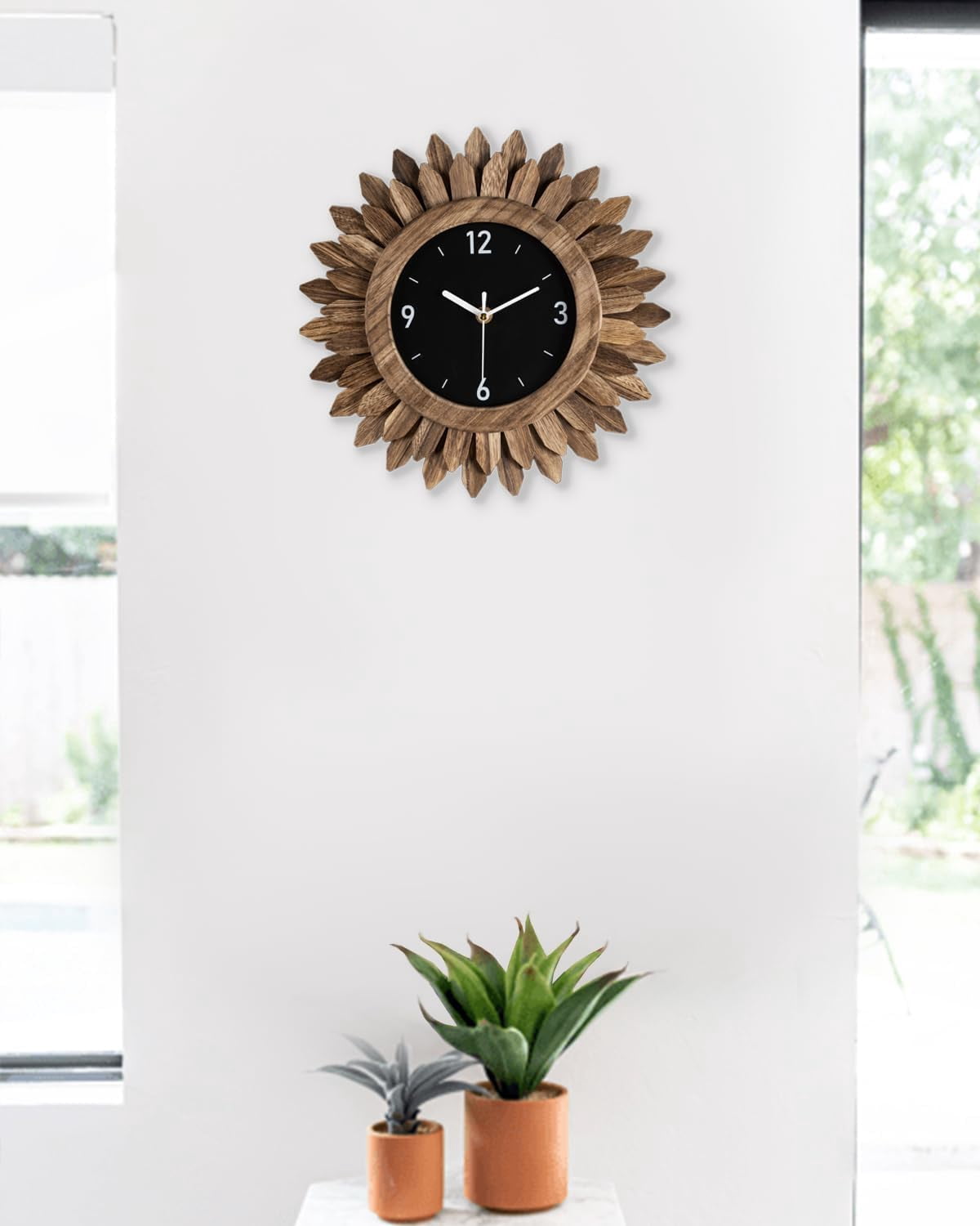 12 In Rustic Wood Boho Sunburst Decorative Wall Clock Silent Non Ticking Farmhouse Small Wall Clocks for Living Room Kitchen Bedroom Decor (Rustic Brown)