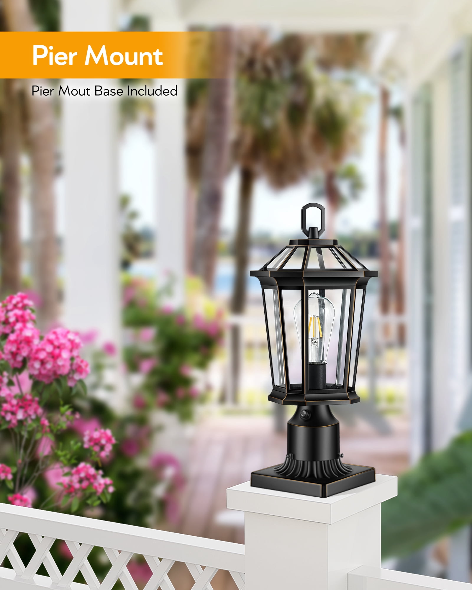 VIANIS Dusk to Dawn Outdoor Post Lights, Black Light Posts for Outside with Pier Mount Base, 100% Aluminum Waterproof Exterior Lamp Post with Tempered Glass Panels for Garden (Hardwired 120V)