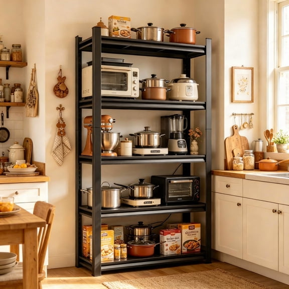 72"H Kitchen Shelves, 36''H Metal Kitchen Pantry Cabinet,1000LBS Capacity Open Storage Shelves,Adjustable Storage Shelves,for Kitchen, Pantry, Bathroom,Metal, Premium Black, 5-Tier