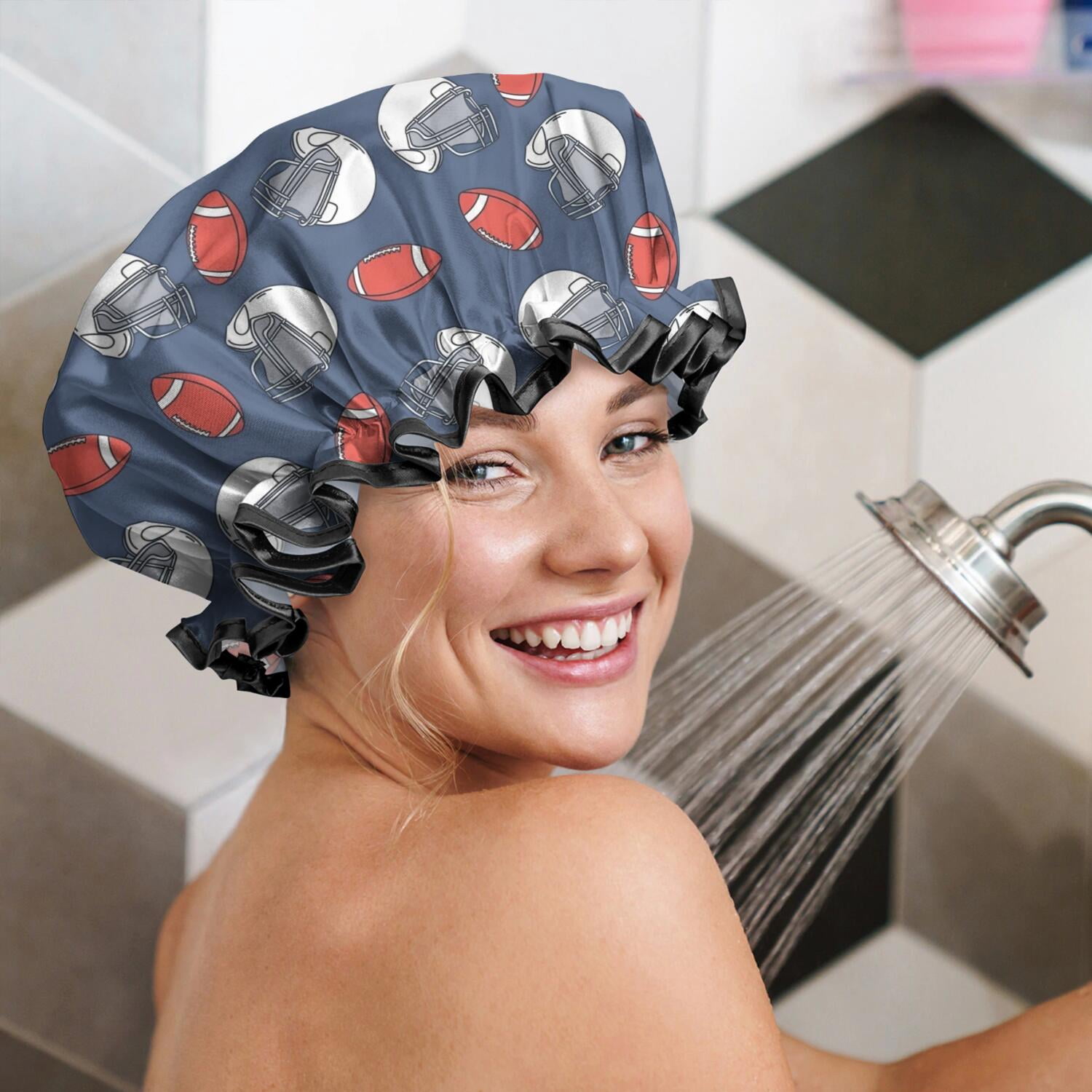 Shower Caps,Blue Football Helmets and Balls Pattern Waterproof Shower Cap for Women 4 Pieces,Double Reusable Hair Cover for Shower PEVA Elastic Stretch Hem