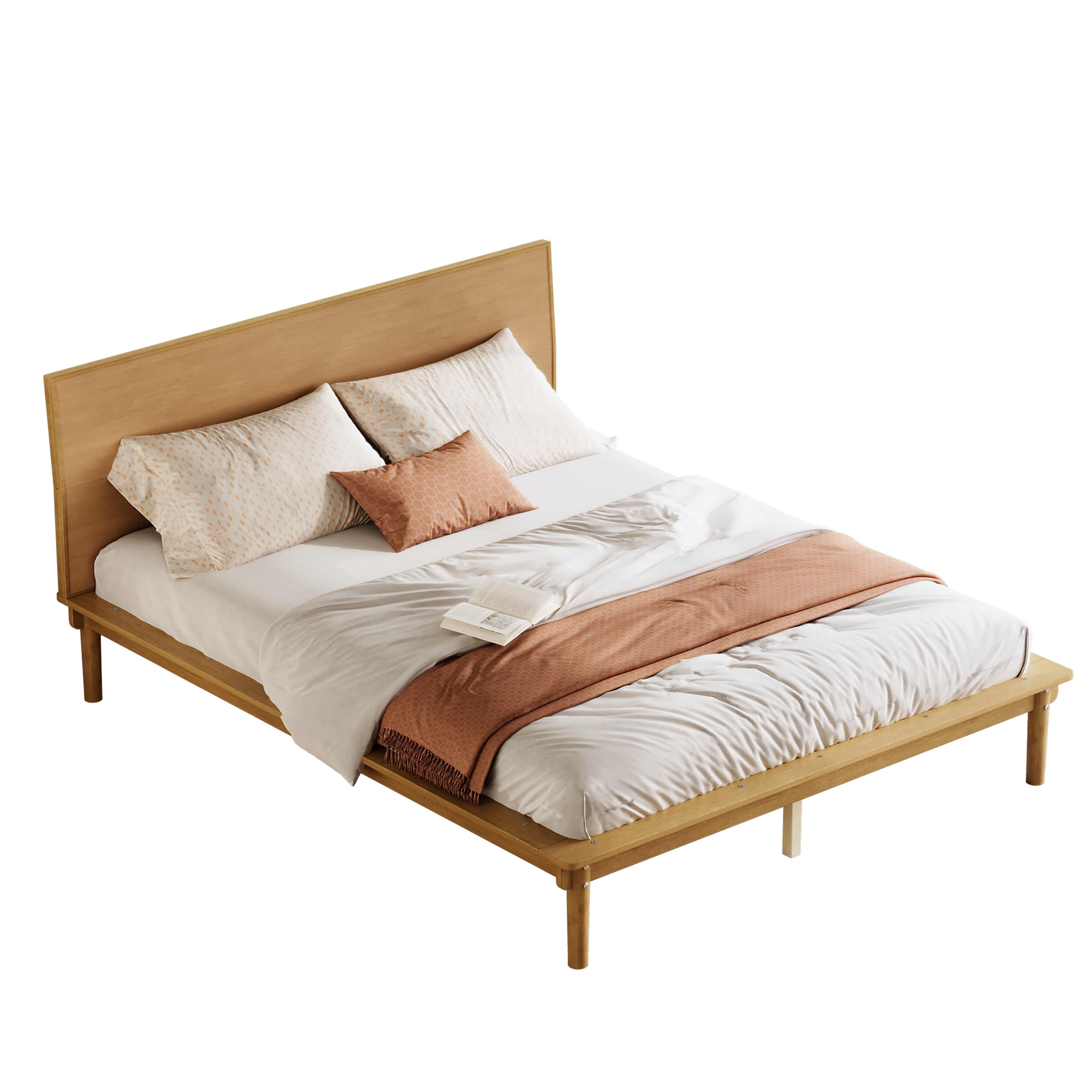 Euroco Wood Mid-Century Queen Bed, Low Profile Platform Bed Frame with Subtly Angled Headboard, Widened Side Rails, No Box Spring Needed, Natural