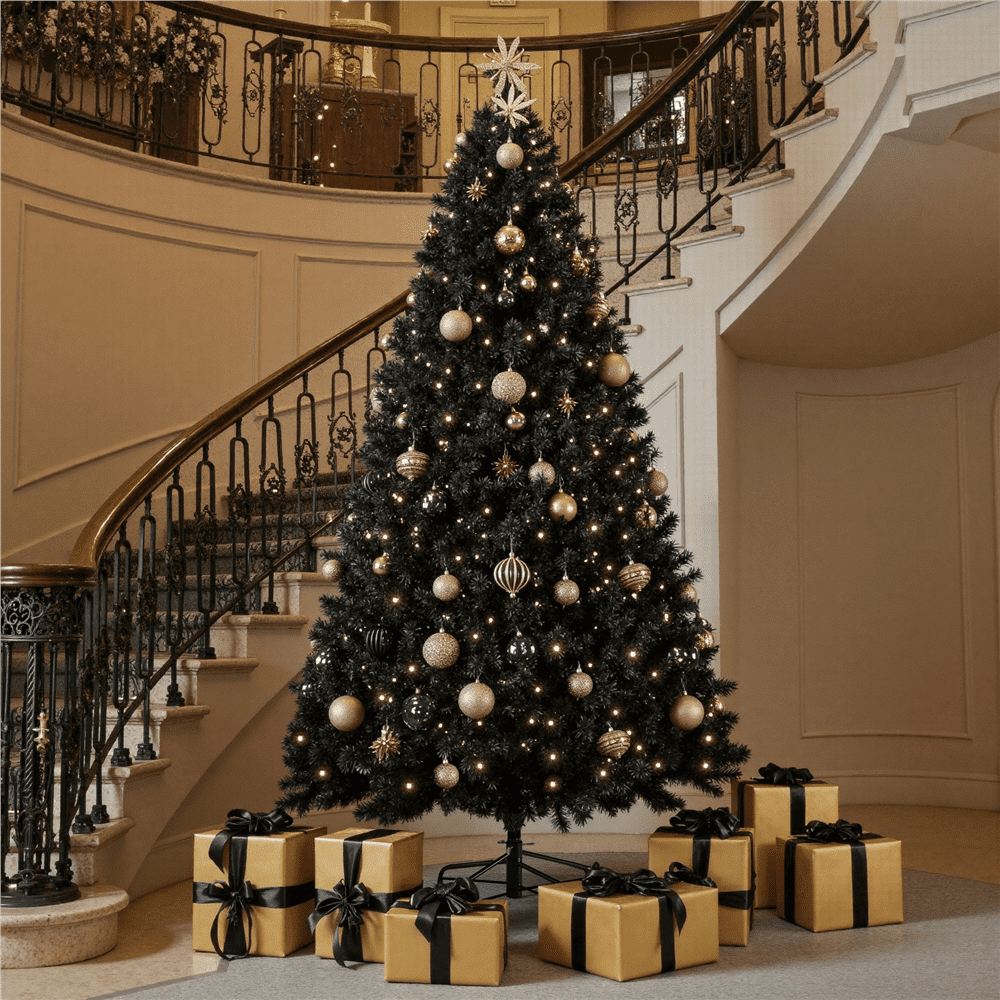 Alden Design Clear Prelit Incandescent Black Hinged Spruce Artificial Christmas Tree, 7.5'