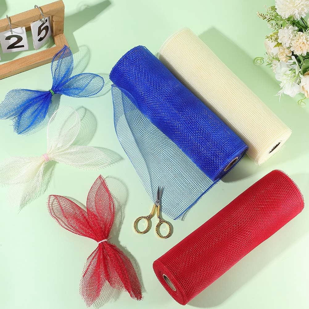 3 Rolls 30 Yards 10.24 Inch Red Blue Yellow USA Mesh Ribbon Roll American Deco Transparent Fabric Netting Plastic Trim for Gift Wrapping 4th of July Wreath DIY Craft Supply