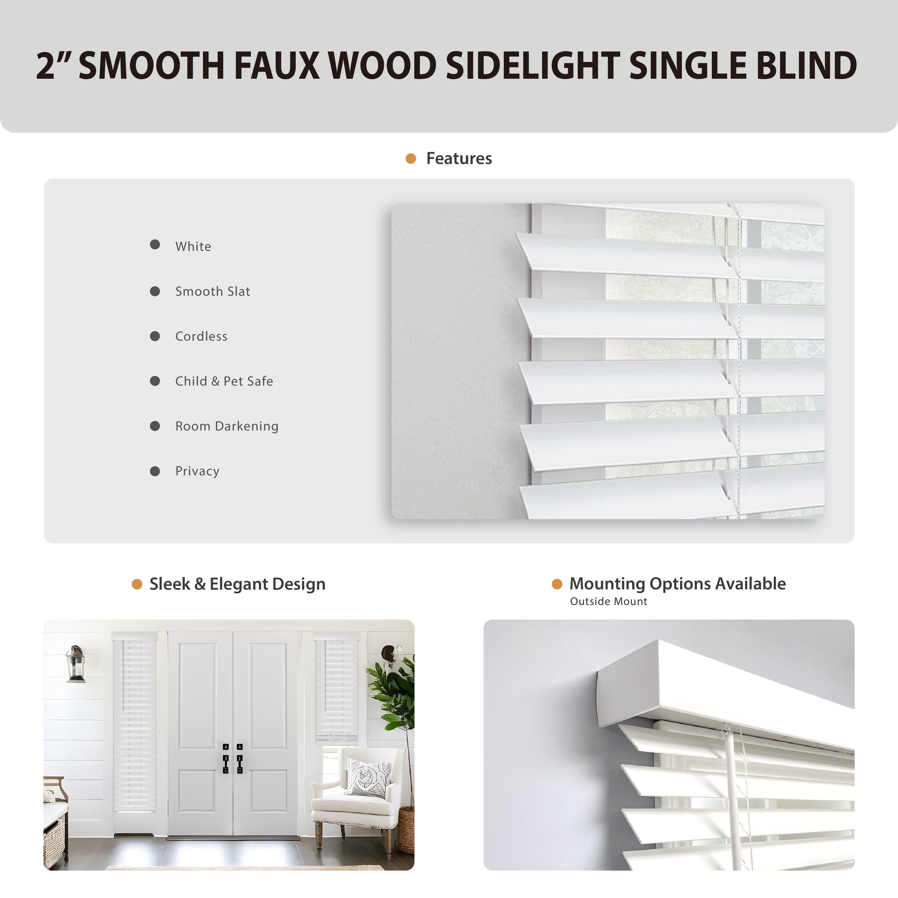 Regal Living Smooth White Cordless 2" Faux Wood Room Darkening Window Sidelight Blind - 9 in. x 72 in.