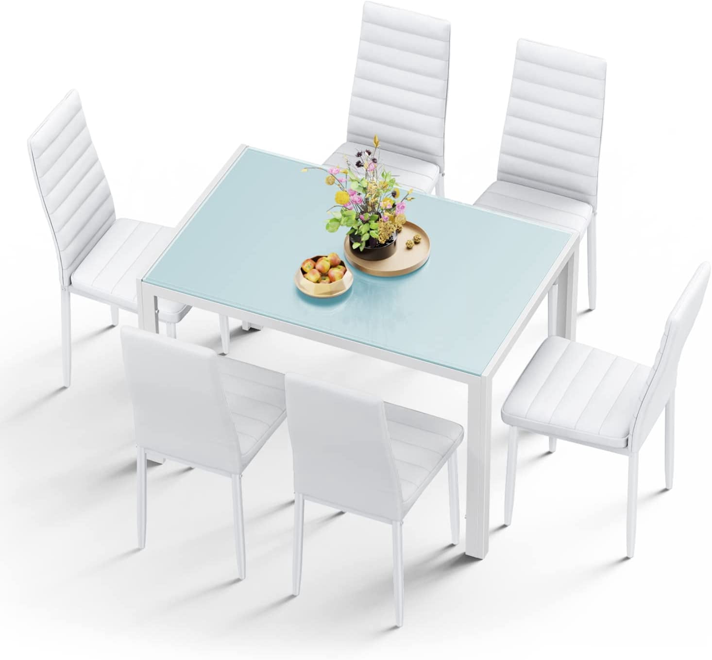 Aiho 6-Seater Modern Dining Table Set with PU Leather Chairs for Kitchen, Small Spaces, White