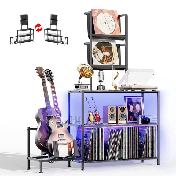 Vinyl Record Player Stand with Guitar Stand, Record Player Table with RGB LED Light, Record Player Cabinet with Vinyl Storage Holds up to 300  Albums, Vinyl Player Stand for Home Use (Black)