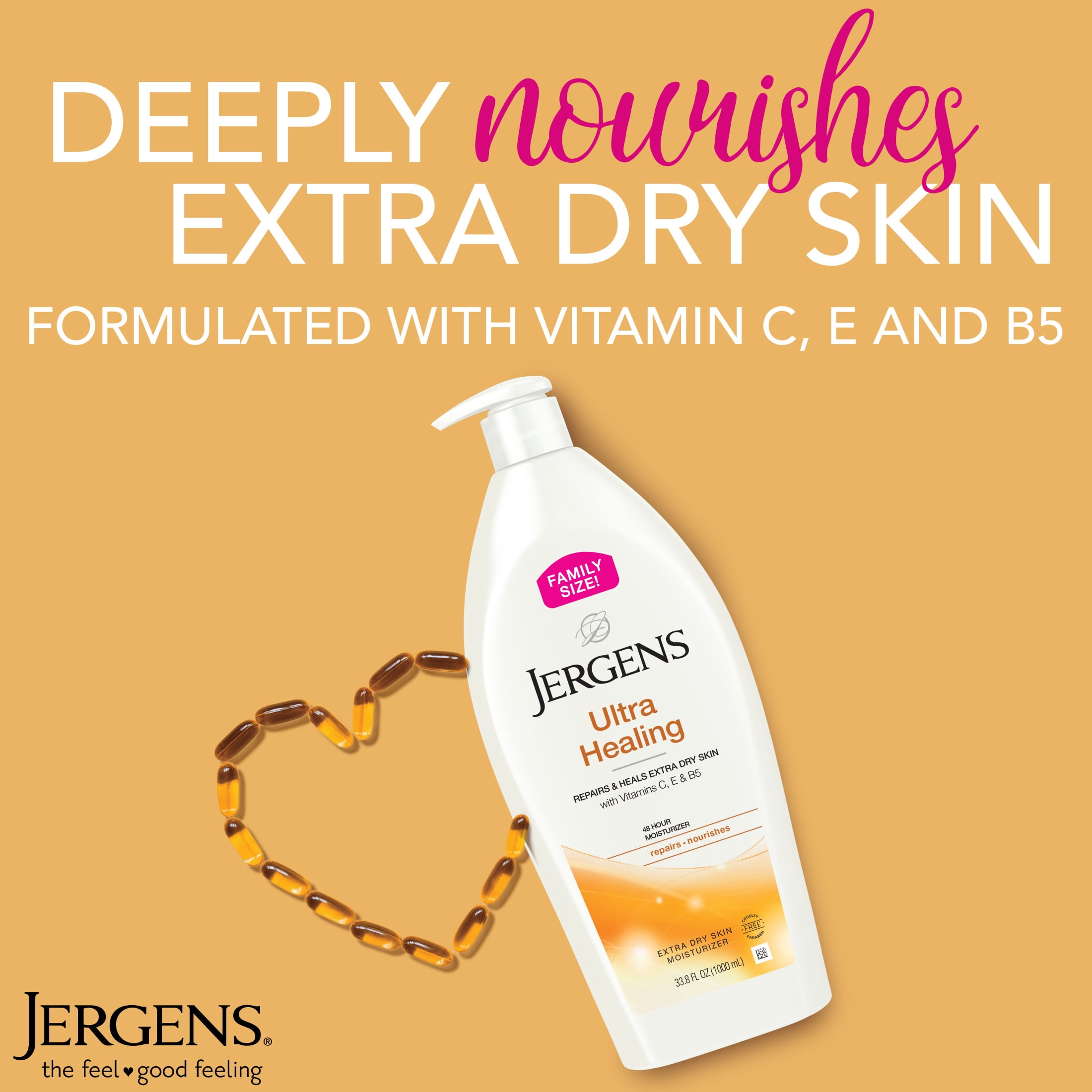 Jergens Ultra Healing Hand and Body Lotion Dry Skin Moisturizer, Vitamins C, E, B5, 33.8 oz