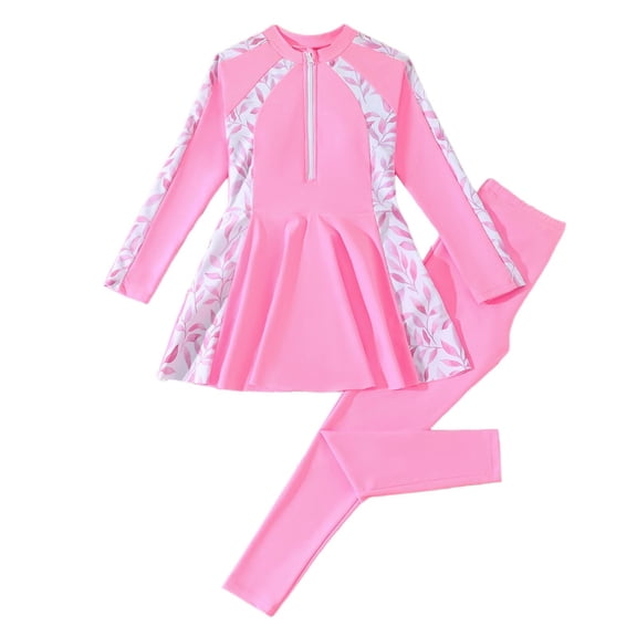 SGMVNU Swimsuit for Girls Long Sleeve 2 Piece Full Body Swimwear Rash Guard Modest Bathing Suit Size 8-9 Years Pink