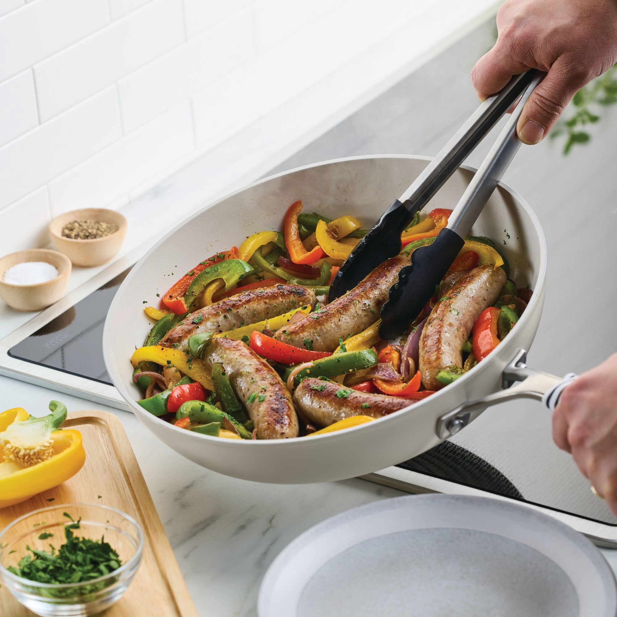 KitchenAid Hard-Anodized 12.25 Inch Ceramic Induction Skillet with Lid, Dishwasher Safe and Oven Safe to 500°F, Porcelain White