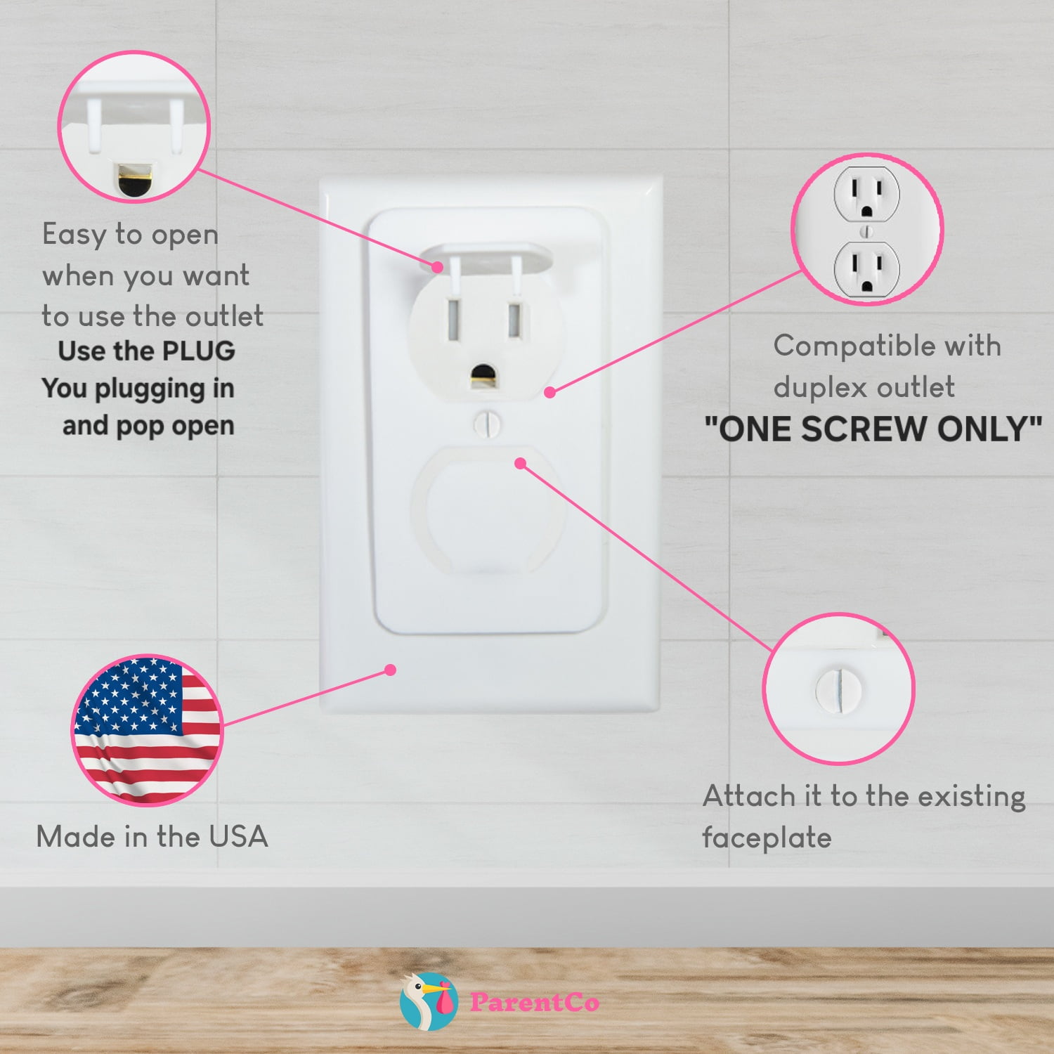ParentCo 4 Pack Outlet Plugs-Childproof Safety Plug Covers for ONE-SCREW Duplex Wall Outlets- Innovative Sleek Outlet Plug Covers- Secure Safety Outlet Covers