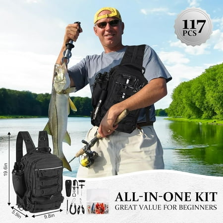 117Pcs Fishing Backpack with Tackle Boxes Waterproof Fishing Tool Kit with Pliers Fish Hook Remover Lip Gripper Ideal Gift for Boys Grandsons Husband