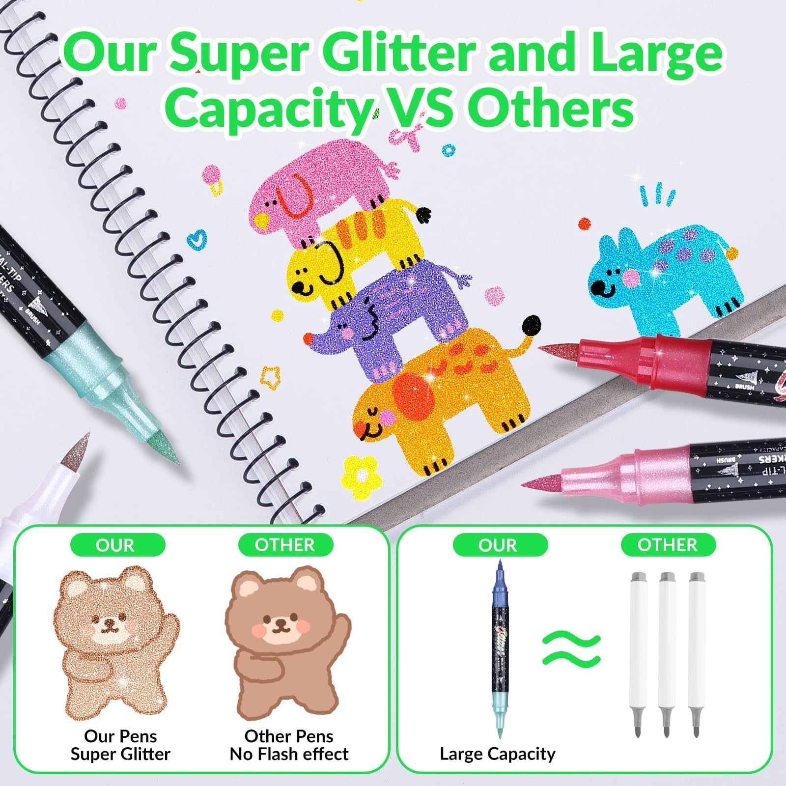 Glitter Effect Brush Markers Pens, Dual Tip Metallic Sparkle Markers Set with 1-6mm Brush Tip, 36 Unique Glitter Colors, Safe Water-Based Ink, for Card Making, DIY Crafts, Doodle
