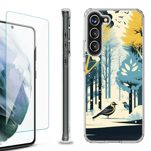 OneToughShield ® for Samsung Galaxy S23  S23 Plus 5G Shockproof Bumper Phone Case, with Tempered Glass Screen Protector - Winter Birds