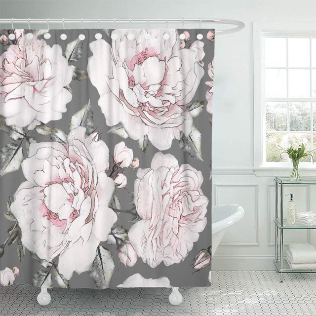 Cortina de ducha ABPHQTO Acuarela Flores y Hojas sobre Fondo Gris 160x180 cm