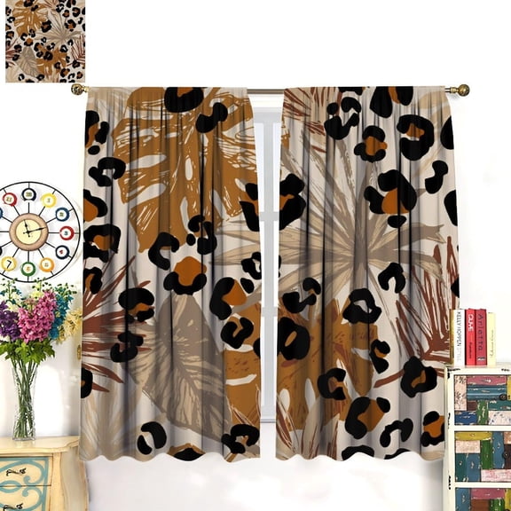2 Pcs Light Filtering Tropical Leopard Curtains, Abstract Palm Leaf Camo Print Window Drapes for Kitchen Bedroom Living Room, 28x40 Inch