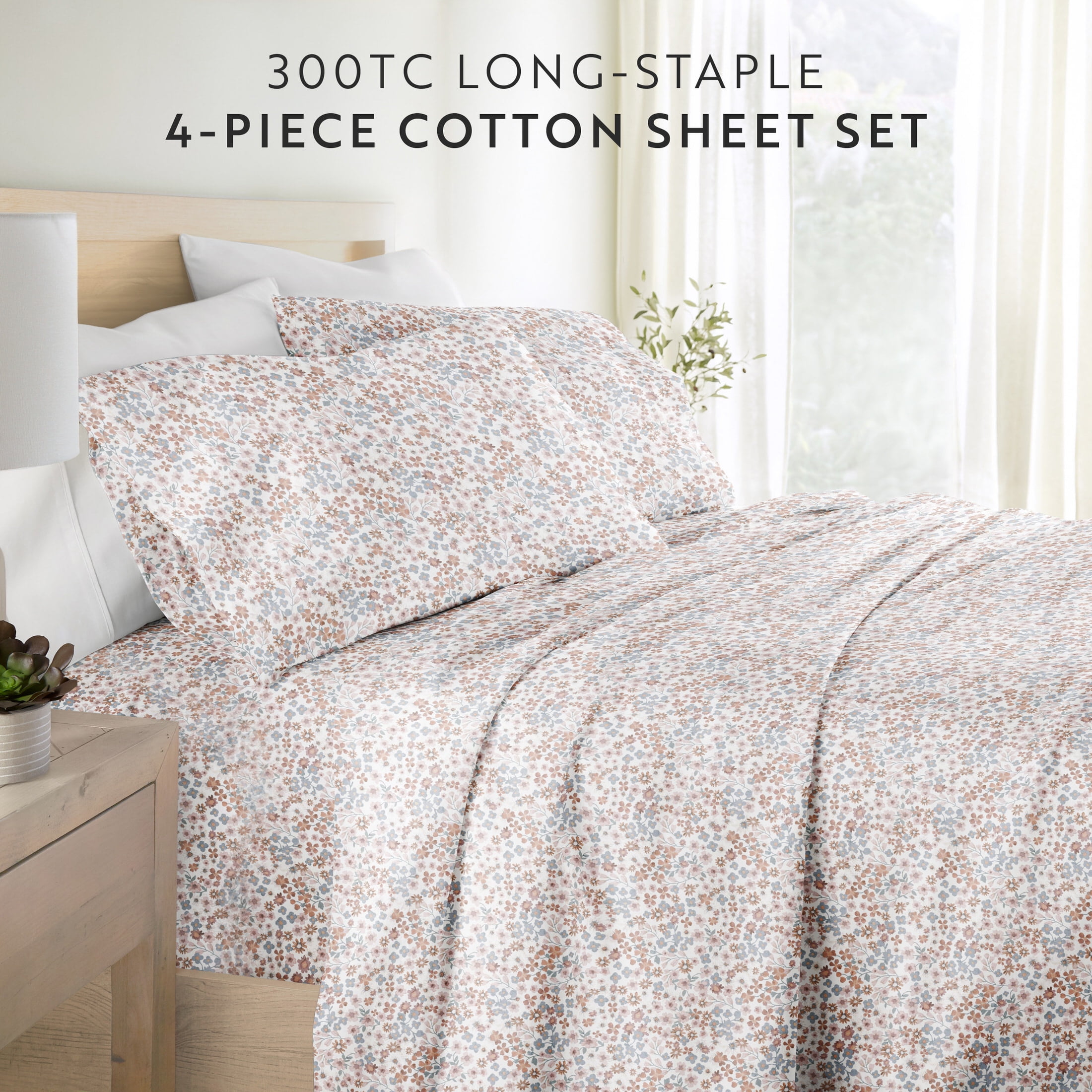 Noble Linens 4 Piece 300TC Cotton Printed Sheets, Garden Bloom Honey, King