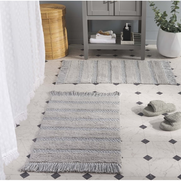 Safavieh Finn Modern Striped Steel Gray Cotton Bath Rug, 1'-8" x 2'-8" (Set of 2)