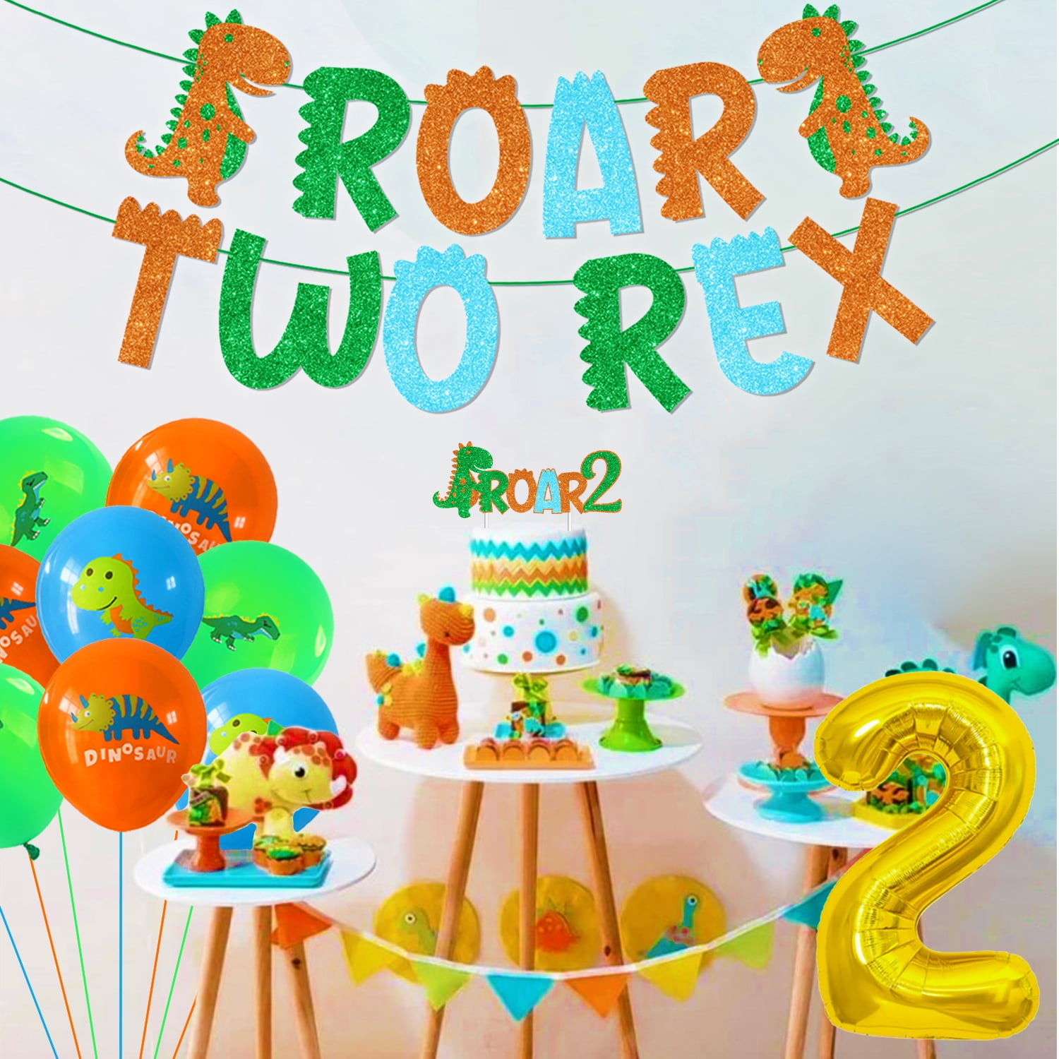 Dinosaur 2nd Birthday Party Decorations for Boys and Girls, Green Dinosaur with ROAR TWO REX Banner and Dinosaur Latex Foil Balloons Cake Toppers for 2 Years Old Boys Girls Birthday Party Supplies
