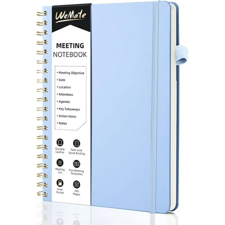 WEMATE Spiral Notebook, Blue Notebook, PU Leather Hardcover Notebook, 200 Pages, B5 (10" × 7")