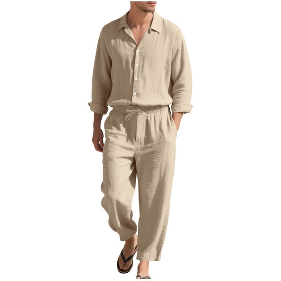 Hrsba Mens Casual Outfits, Solid Color Linen Loose Long Sleeve Lapel Shirt and Drawstring Pants Summer Set