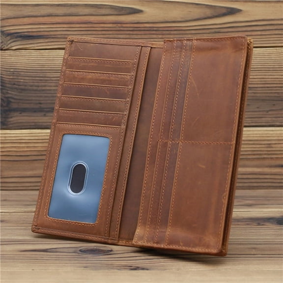 Men's Wallet Crazy Horse Leather Long Wallet Bifold Genuine Leather Retro Wallet
