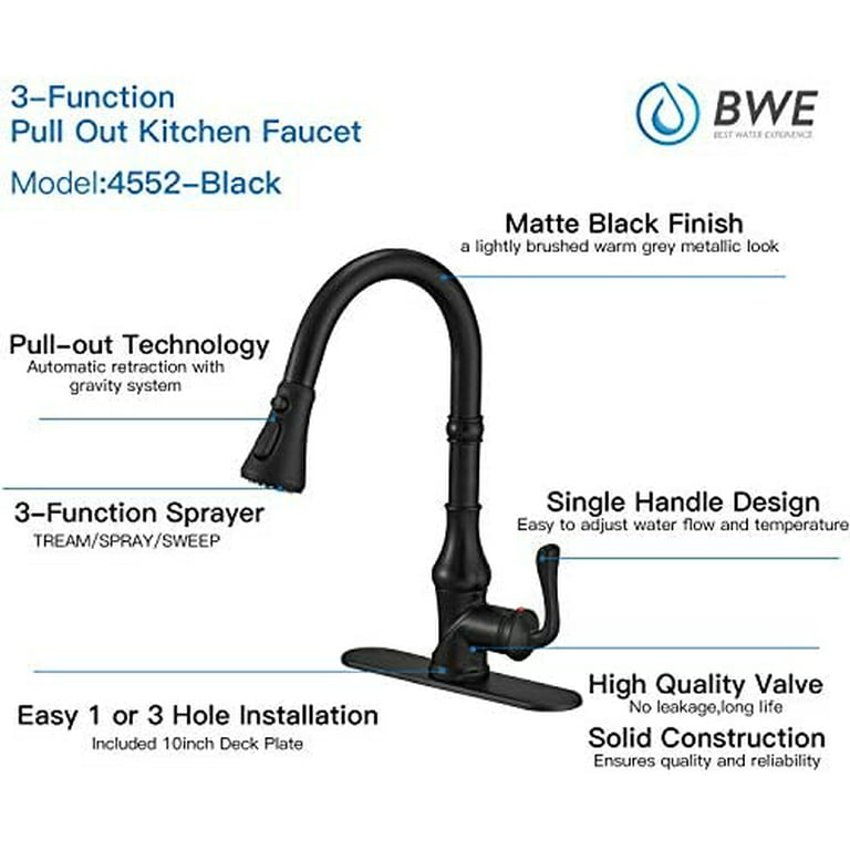 Bwe Kitchen Faucet Matte Black With Pull Out Sprayer 3 Spray Modes  Farmhouse Single Handle Singe Lever Gooseneck High Arc Kitchen Sink Faucet  With Deck Plate Lead-Free Commercial Bar Kitchen Faucets -