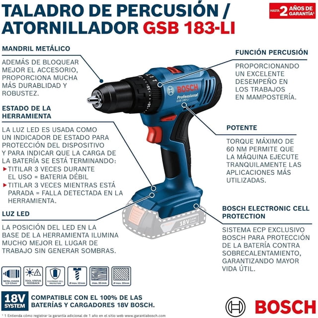 Rotomartillo Bosch 18V 1/2" GSB 185 LI Inalámbrico con 2 Baterías Profesional Modelo GSB 185-LI