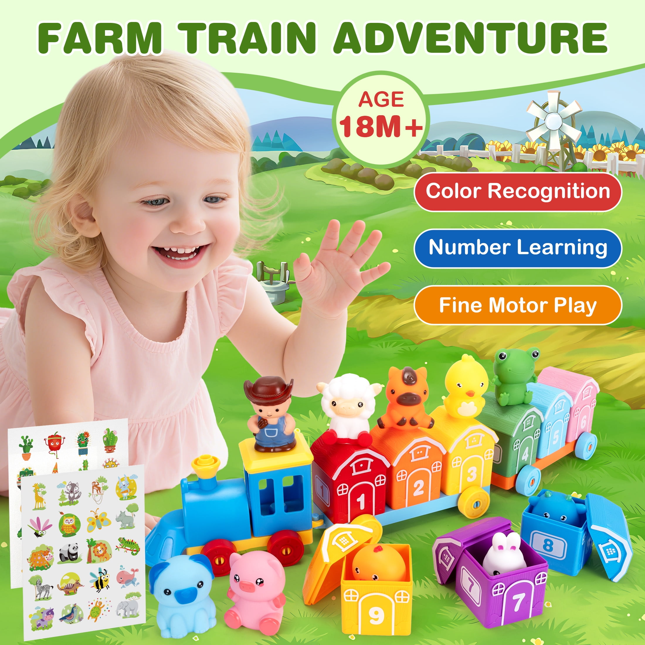 QIAHO Montessori Toys for Toddlers, 20 Pcs Counting, Matching, Sorting Preschool Learning Toy Train Set with Train, Barns and Finger Puppets Birthday Gift for Baby Boys Girls