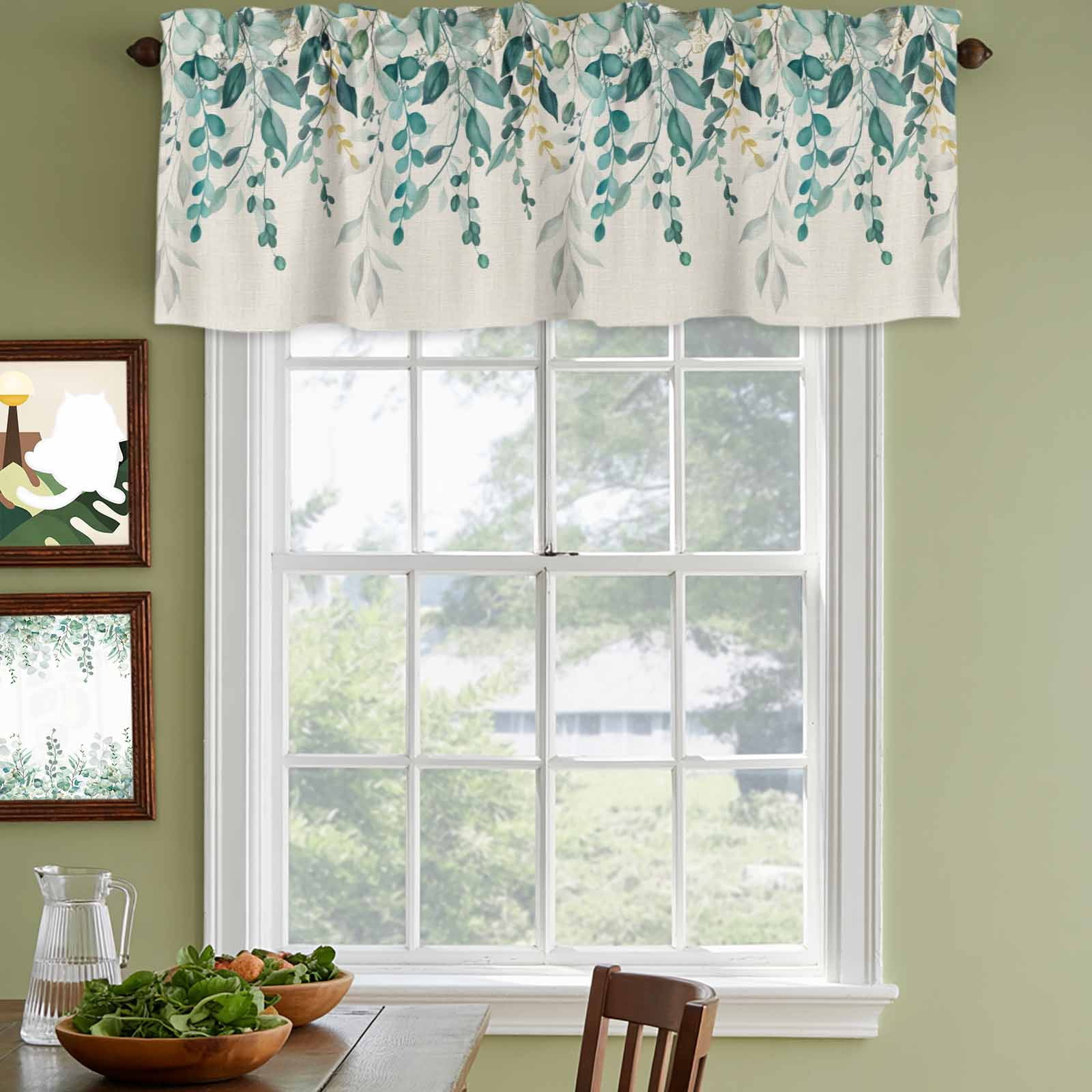 2 Pack Valances for Windows, Teal Green Eucalyptus Window Valances for Living Room/Bedroom/Bathroom, Farmhouse Weeping Leaves Linen Light Filtering Kitchen Curtain Valance 54"W x18" L