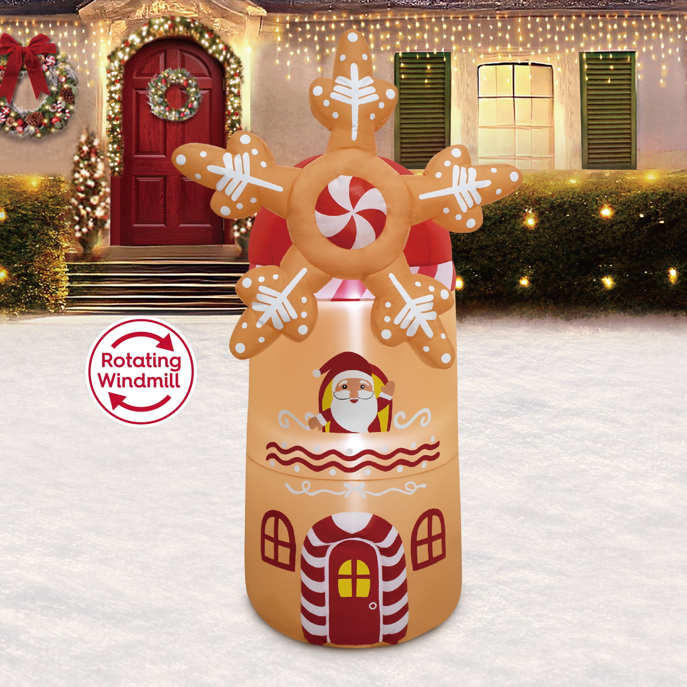 6 ft Animated Rotating Gingerbread Windmill House Christmas Airblown Yard Inflatable, Brown, by Holiday Time