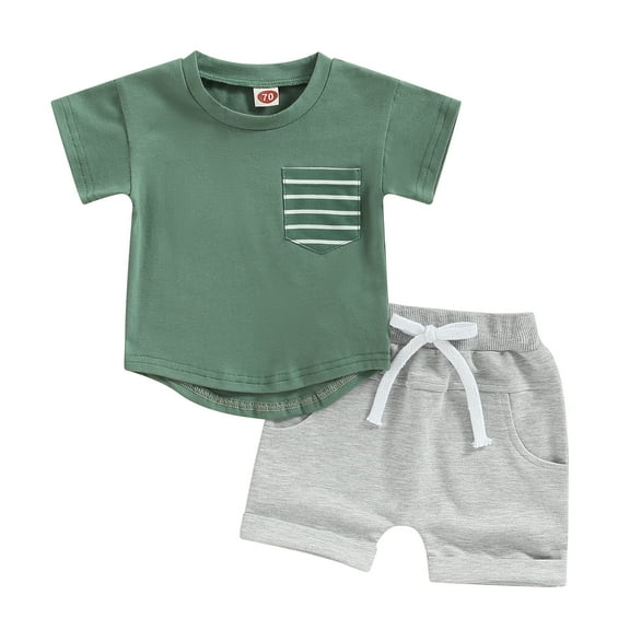 Toddler Baby Boy Summer Clothes Short Sleeve Striped Pocket Tshirt Top Solid Shorts Set Casual Outfits