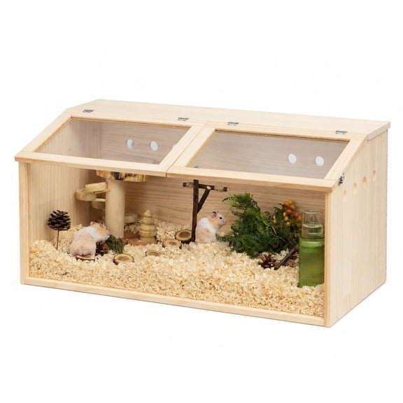 Large Wooden Hamster Enclosure, Clear Acrylic Small Animal Habitat for Syrian Hamsters & Gerbils, Natural
