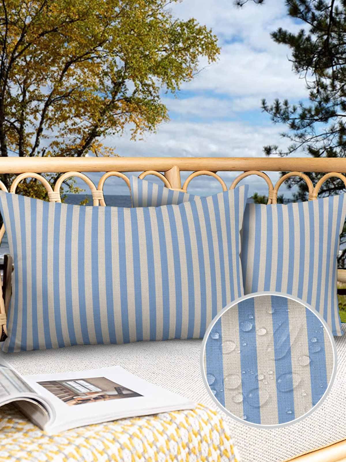 Outdoor Waterproof Throw Pillow Covers Set of 2 Blue Stripes Pillowcases Lumbar Outdoor Pillows Cushion Case 20x12 Inch Linen Classic Vertical Striped Patio Pillows for Couch Sofa Bed Garden