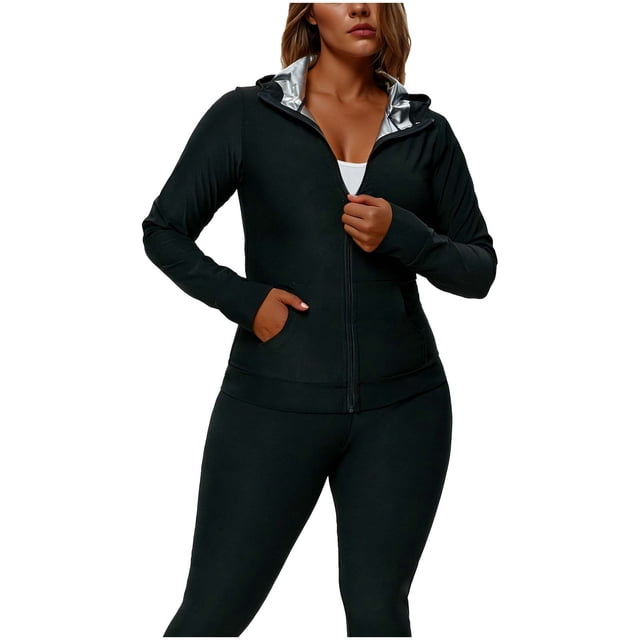 Plus Size Shorts Sets Mujeres 2 Piezas Outfits Chaqueta con Capucha Deportes Top Negro Cremallera de Manga Larga Bolsillo Entrenamiento Y Conjunto de Traje de Fitness