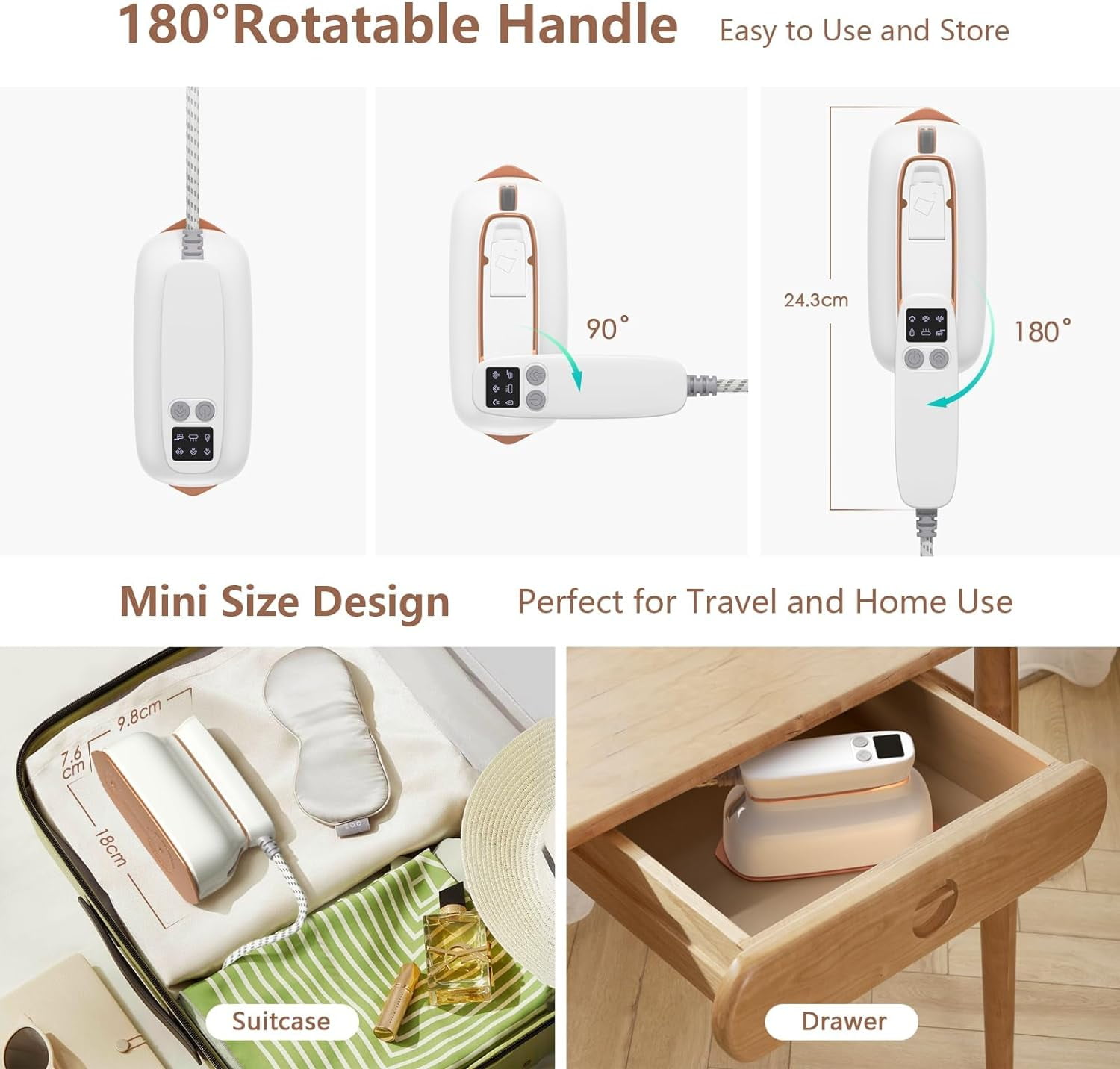 Travel Steamer, 1300W 15S Heat Up Portable Steamer for Clothes, 180° Rotatable, 3 Steam Modes, Wet and dry Garment Steamer for Travel Home