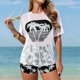 thumbnail image 4 of Traje de baño de 2 piezas para mujer, trajes de baño para mujer, traje de baño casual de mujer para vacaciones, estampado de malla, manga corta, cintura alta, pantalones planos, conjunto de traje de b, 4 of 9