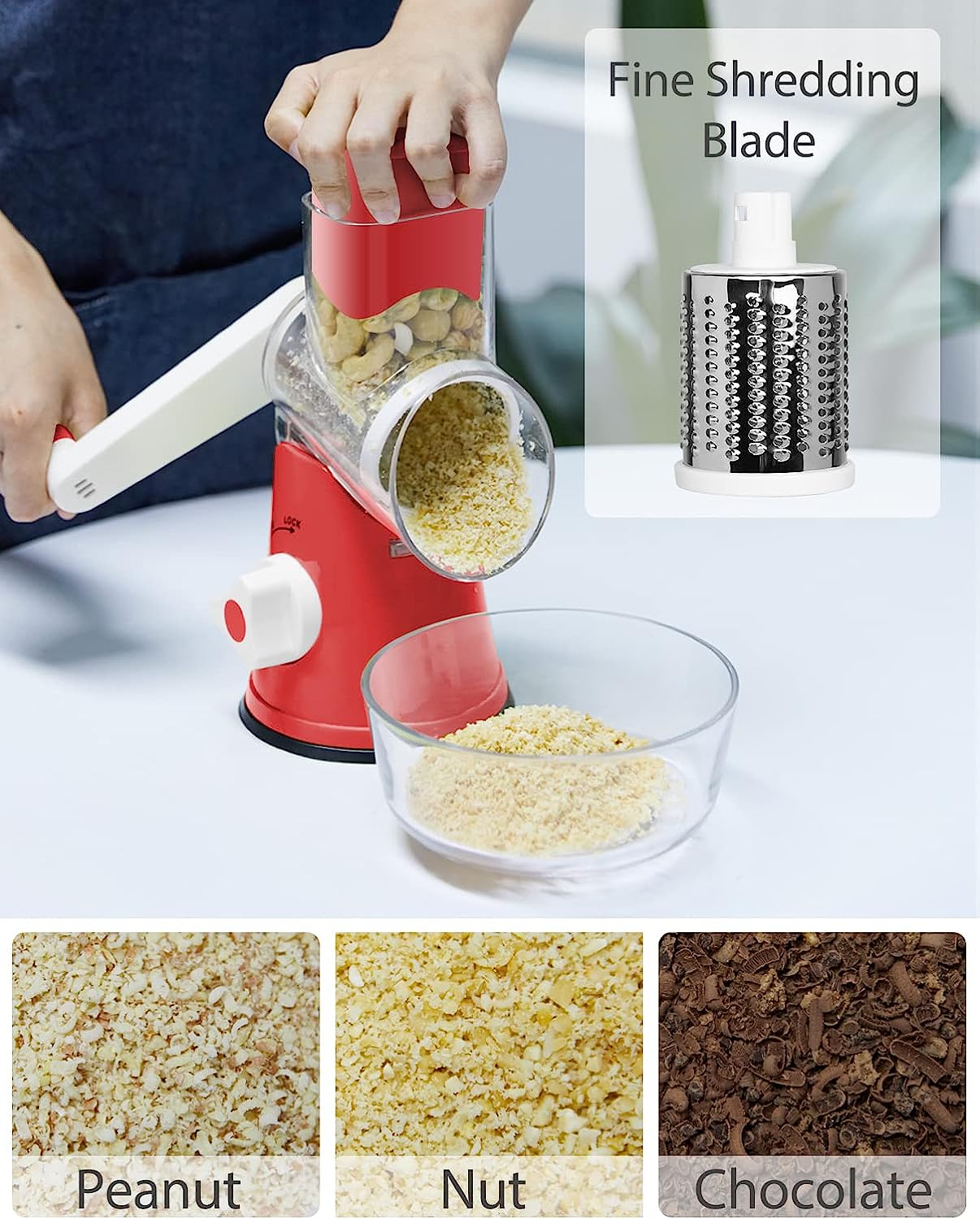Rotary Cheese Grater Stainless Steel Manual Handheld Cheese Shredder Grater  Walnuts Grinder with 3 Interchangeable Drum Blades for Chocolate, Cheese  and Nuts-7.…
