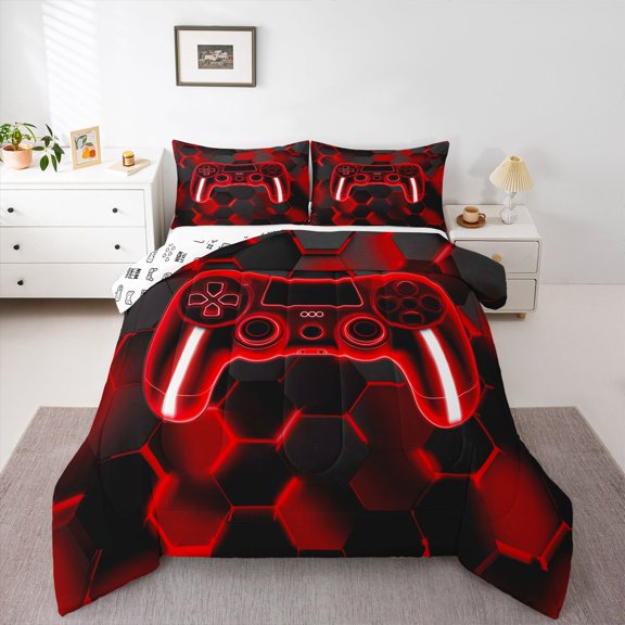 Erosebridal Gaming Gamepad Comforter Sets Twin Size, Neon Red Comforters & Duvets, Modern Video Game Reversible Duvet Insert, Breathable Room Decoration, 2pcs