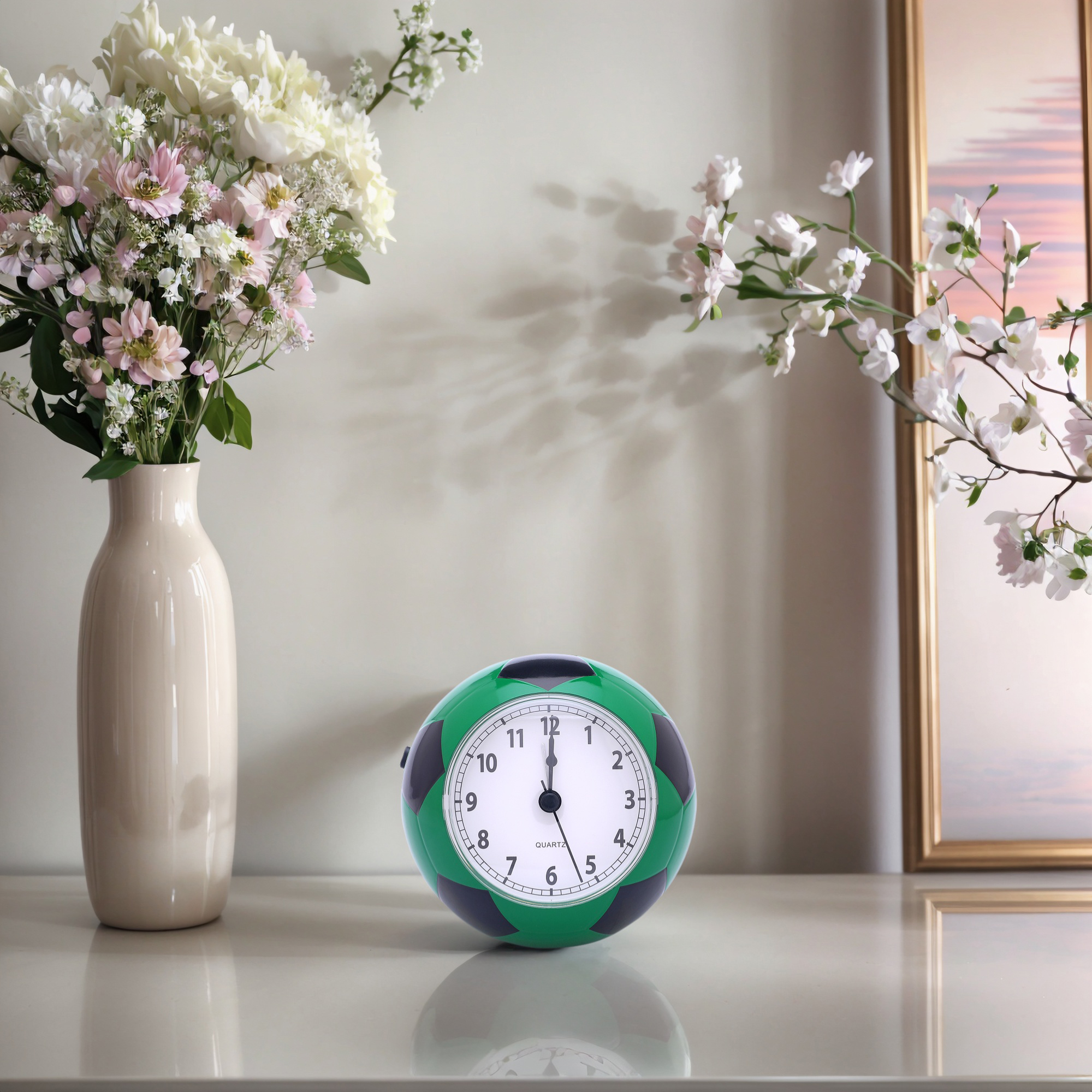 Unique Bargains Mechanical Soccer-Shaped Alarm Clock Green 4.5"L x 3.9"W x 4.3"H