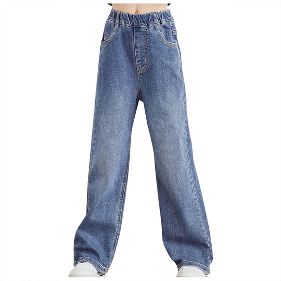 MKOSPLRT Girls Straight Leg Jeans Elastic Waist Baggy Jeans Casual Wide Leg Denim Pants Trendy Boyfriend Jeans with Pocket Gifts for Kid