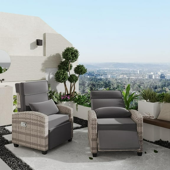 IdeaHouse Outdoor Reclining Chairs with Extended Footrest, Adjustable Rattan Patio Lounge with Flip-Up Table, 150° Lay-Flat Reclining Chair, Light Grey