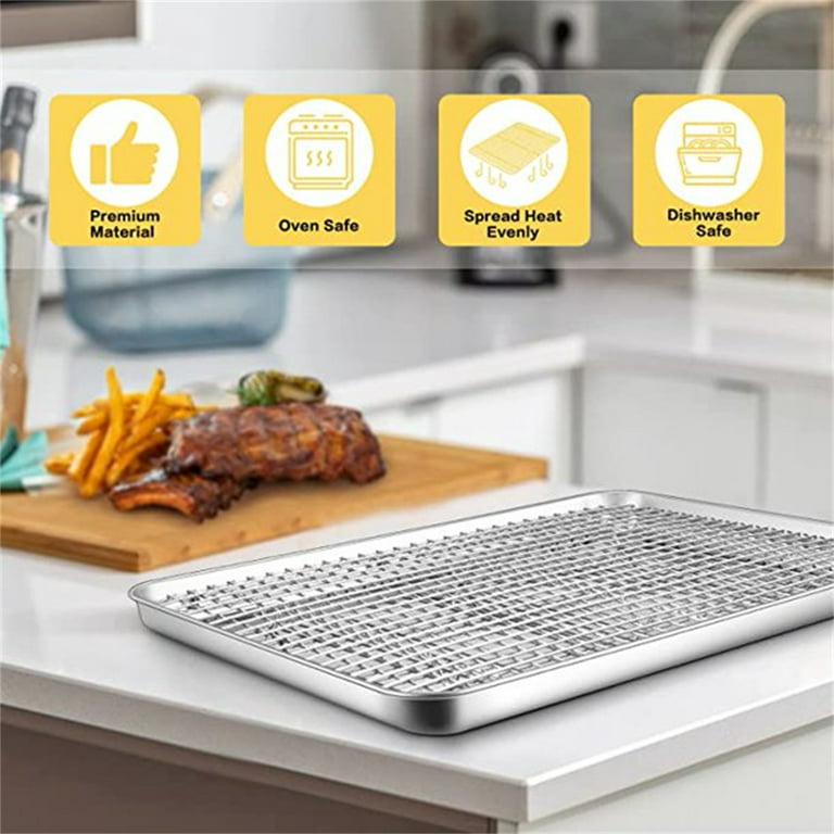Happon Half Sheet Baking Pan and Stainless Steel Cooling Wire Rack Set -  Aluminum Tray 9.2 x 6.8 - Rust & Warp Resistant, Heavy Duty & Thick Gauge  - Delivers An Evenly