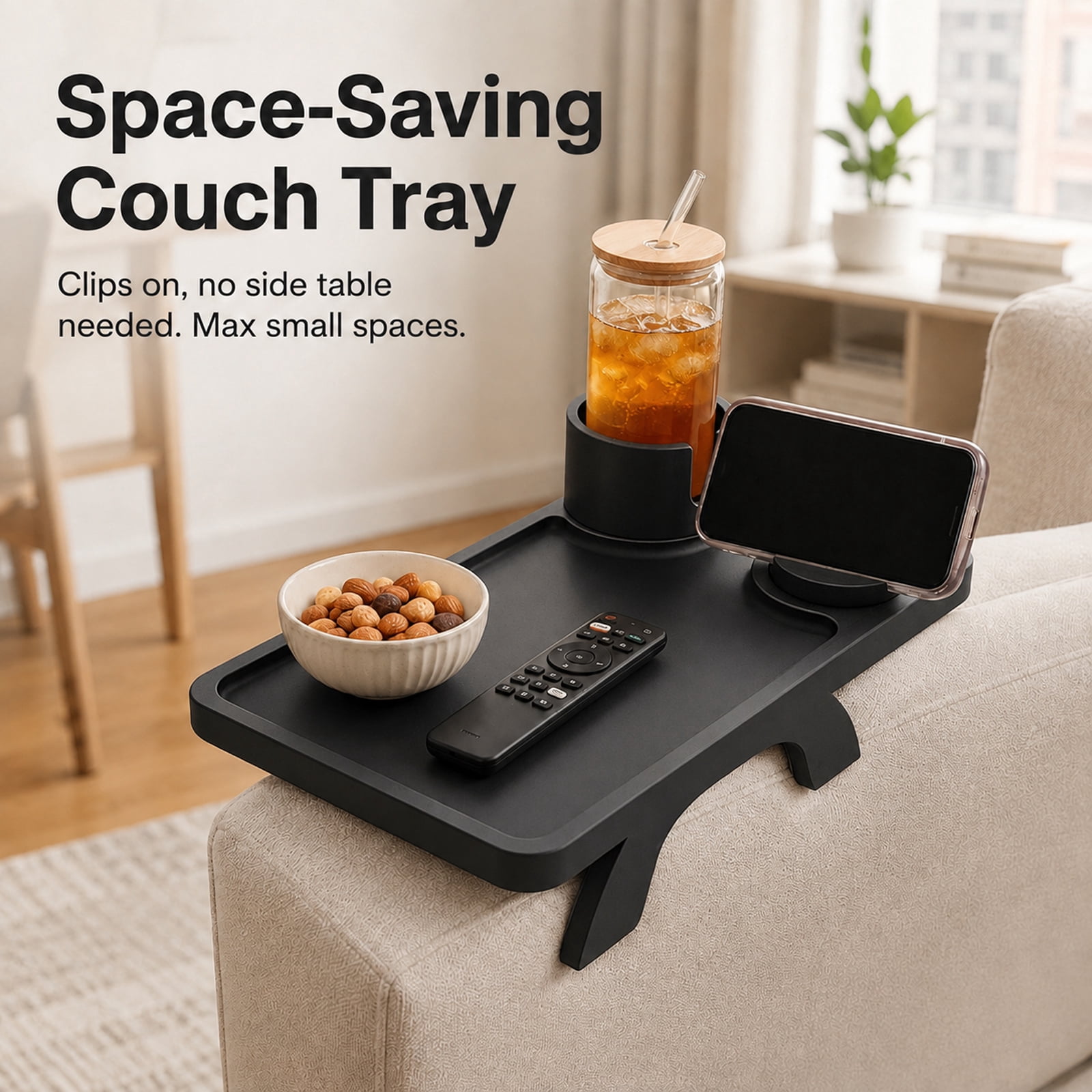 Alvantor 3-in-1 Acacia Wood Sofa Arm Tray with Rotating Phone Holder