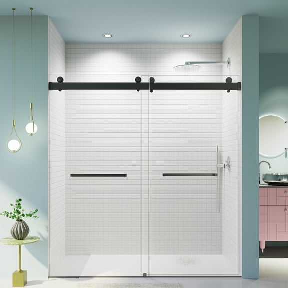 BARONAGE 68-72" W x 76" H Double Sliding Shower Door with Soft-Close Buffer, Frameless Shower Doors with 3/8" (10mm) Thick Tempered Glass, Matte Black