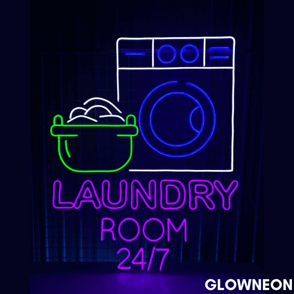 Glowneon Laundry Room 24/7 Neon Sign, Laundry Led Sign, Washhouse Art