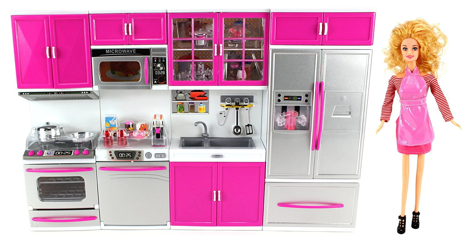 My Happy Kitchen Full Deluxe Kit Battery Operated Toy Doll Kitchen Playset w/ Lights Sounds Perfect for Use with 11-12 Tall Dolls